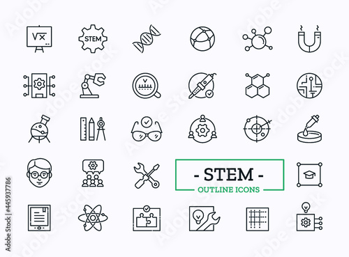 Vector Stem education thin line icons with symbols of Science, Technology, Engineering and Mathematics learning isolated on white photo