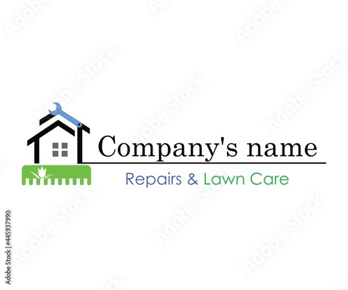 Repairing house logo template lawn care icon blue and green 