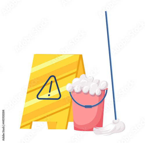 Cleaning Service Equipment Bucket with Soap Foam, Broom and Yellow Warning Sign. Maid Tools for Washing and Work