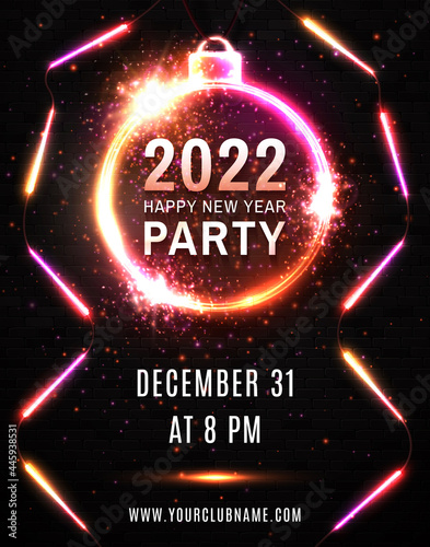 2022 Happy New Year Party neon poster. Led glowing lines on black brick background. Light design template for celebration event.