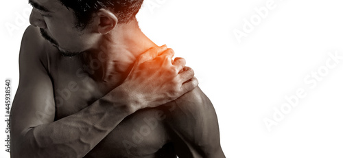 Naked man on a white background, with action sore shoulder and bone.