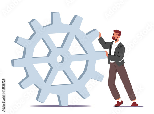 Tiny Businessman Character Moving Huge Cogwheel. Man in Formal Wear Push Gears Develop New Strategy, Work Productivity