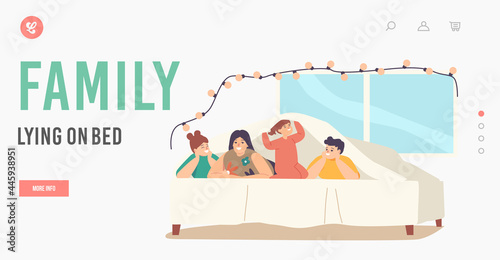 Family Lying on Bed Landing Page Template. Happy Sparetime, Mother with Teen Children and Little Baby Under Blanket
