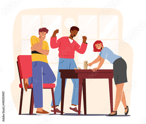 Characters Playing Board Games. Group of Young People Play Together on Weekend Around Table. Joyful Friends Sparetime