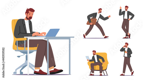 Set Businessman Work in Office Sitting at Desk with Laptop, Late, Having Creative Idea, Reading Report and Talk by Phone