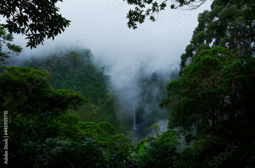 Costa Rica San Fernando Waterfall in the cloud forest  green jungle  view from the air and from the hill. Cinchona restaurant mountain landscape view  fog and clouds above the waterfall in the jungle