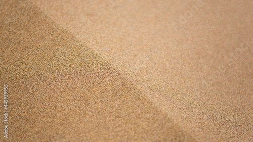 Desert dune close-up. Edge of sand dune with grains of sand flying. Defocused front and back areas. Sand pattern with grainy texture.