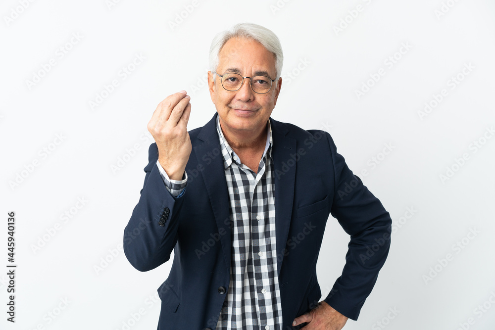 Middle age Brazilian man isolated on white background making Italian gesture Middle age Brazilian man isolated on white background making Italian gesture