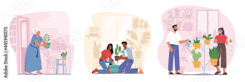 Set People Care of Home Plants. Senior Woman and Family Couple Characters Replanting and Watering Flowers in Pots