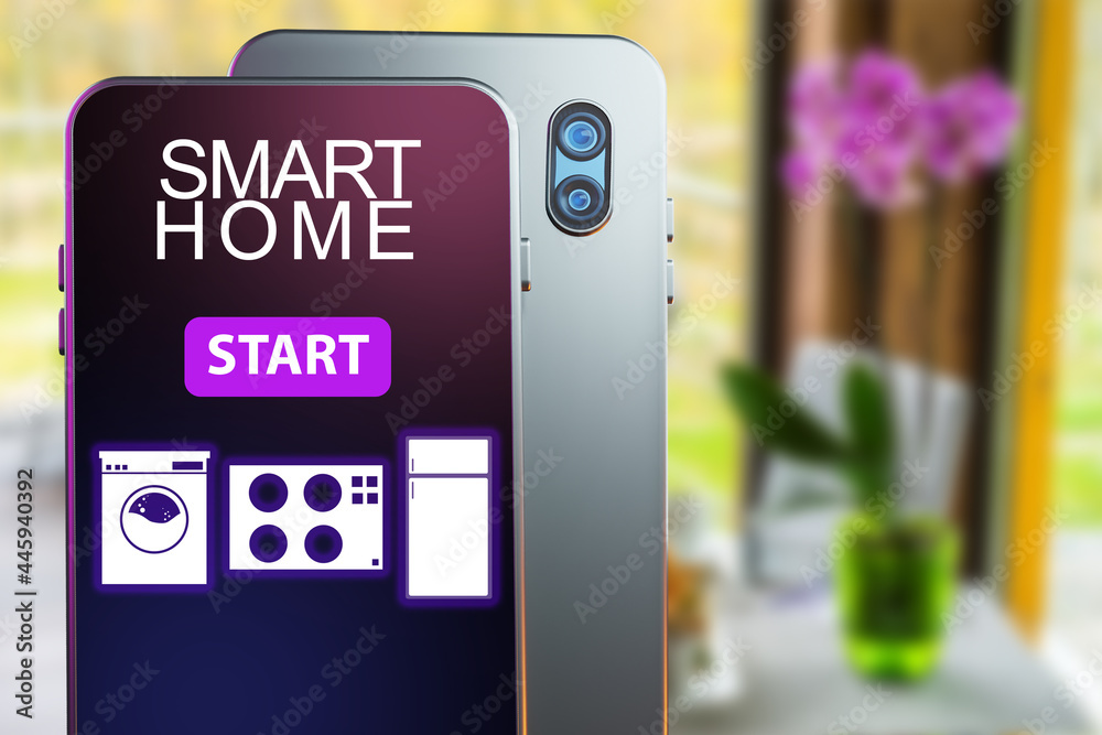 Smart home interface. Smart home app interface. Smartphone managing IOT systematization. Phone on both sides against background of blurred room. Smart home application in phone. IOT apps Smart home interface. Smart home app interface. Smartphone managing IOT systematization. Phone on both sides against background of blurred room. Smart home application in phone. IOT apps