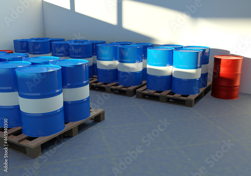 Barrels for chemistry on pallets. Metal Barrels indoors. Chemical Industry. Chemical storage warehouse. Containers for chemical liquids. Blue and white barrels for toxic products. 3d rendering