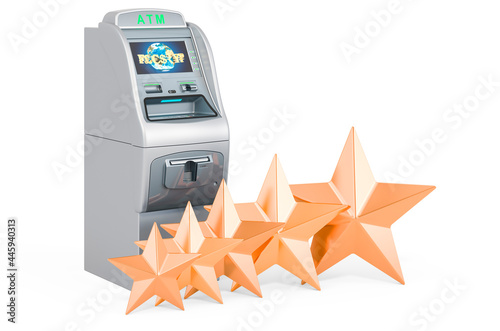 ATM machine with five golden stars. Customer rating of banking service. 3D rendering photo