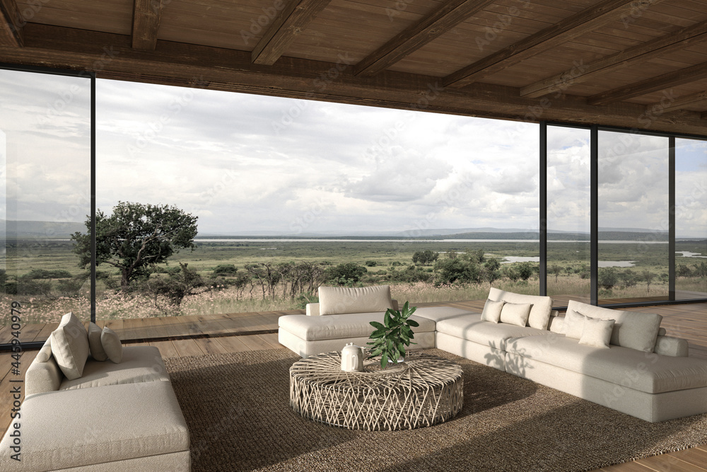 Modern interior design open space living room. Large windows and nature view. House outdoor terrace 3d render illustration.