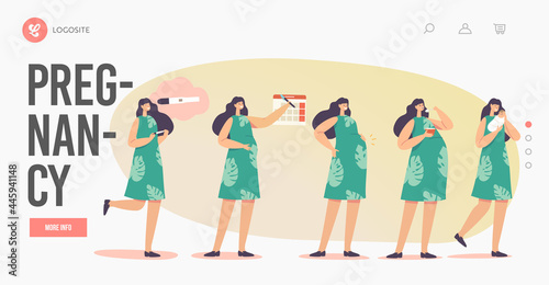 Maternity, Female Character Pregnancy Stages Landing Page Template. Positive Test, Calendar Date, Growing Belly