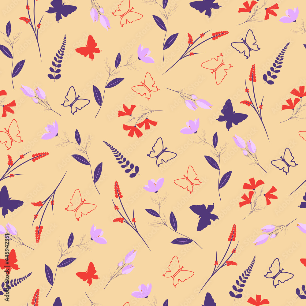 Delicate seamless pattern with beautiful flowers, butterflies, leaves, used for packaging, wallpaper, fabric, background and other products.