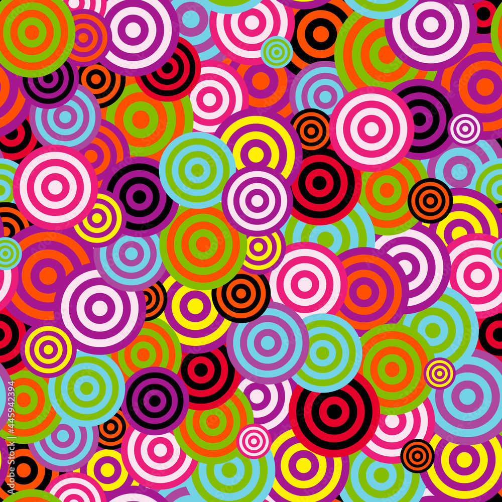 Geometric seamless pattern with colorful circles, stripes for fabric, packaging, background and other products.
