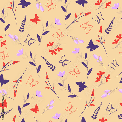 Delicate seamless pattern with beautiful flowers, butterflies, leaves, used for packaging, wallpaper, fabric, background and other products.