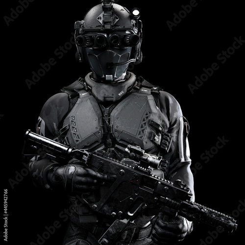 Cuadro en lienzo Portrait of a masked futuristic tactical armored soldier with a black background