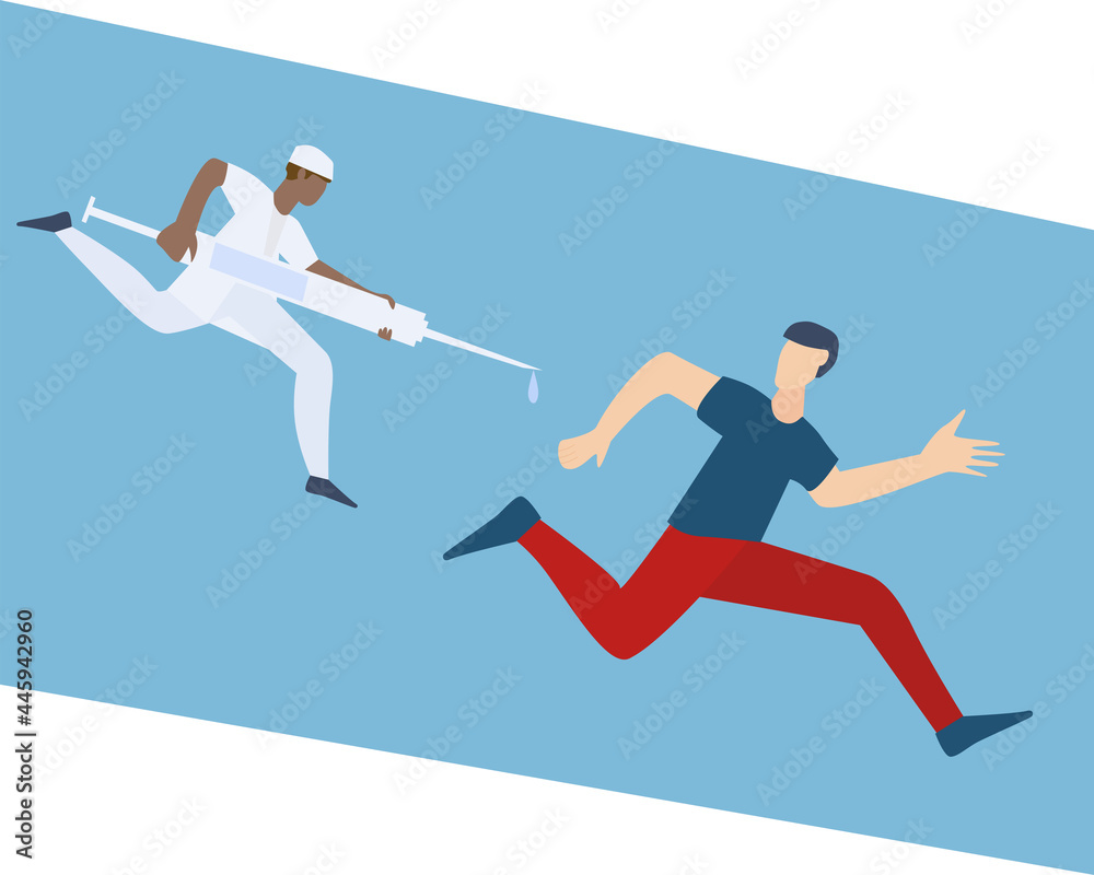 Doctor runs with syringe in his hand after patient. Man in panic and stress runs away from needle and syringe. Vector illustration Doctor runs with syringe in his hand after patient. Man in panic and stress runs away from needle and syringe. Vector illustration