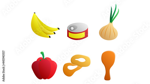 Set of six icons of items of delicious food and snacks for a cafe bar restaurant on a white background: banana, canned food, onion, pepper, onion rings, chicken leg