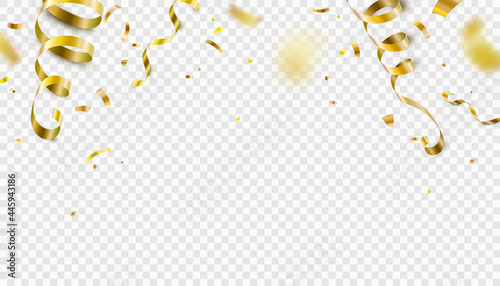 Falling gold confetti, serpentine ribbons isolated on transparent vector background. Glitter tinsel, shiny golden streamer frame, border in 3d realistic style for birthday, party, carnival design