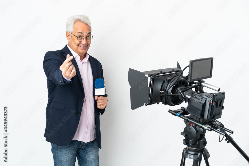 Reporter Middle age Brazilian man holding a microphone and reporting news isolated on white background making money gesture