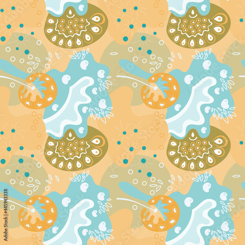 Abstract free form shapes on orange background. Vector seamless pattern with drops, circles and shapes. Design element.