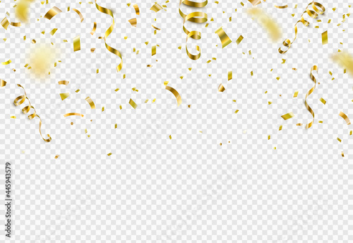 Falling gold confetti, serpentine ribbons isolated on transparent vector background. Glitter tinsel, shiny streamer frame, border in 3d realistic style for birthday, party, carnival design
