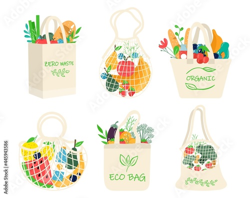 Set of eco shopping bags with vegetables, fruits and healthy drinks. Dairy food in reusable eco friendly shopper net. Zero waste, plastic free concept. Flat trendy design