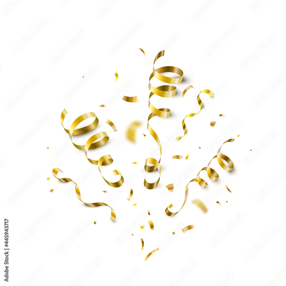 Gold confetti, serpentine ribbons isolated on white vector background. Glitter tinsel explosion in 3d realistic style for birthday, party, carnival