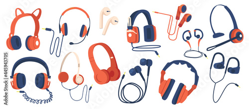 Set of Headphones, Wired and Wireless Earphones, Audio Equipment for Music Listening. Earbuds for Smartphone Isolated