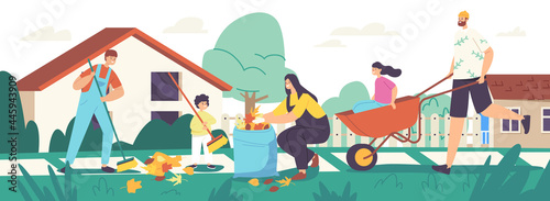 Happy Family Characters Parents and Children Cleaning Backyard Having Fun All Together, Collecting Fallen Autumn Leaves