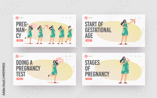 Female Pregnancy Stages Landing Page Template Set. Positive Test, Calendar Date, Growing Belly, Woman Child Delivery