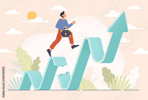 Business challenge, revenue rebound recover from economic crisis or earning and profit growth jump from bottom concept, strong businessman jumping back to top of growing bar graph. Vector illustration photo
