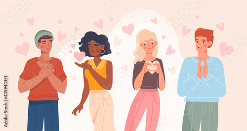 Set of cincere diverse multiracial grateful smiling people saying thank you. Male and female characters surrounded by hearts icons. Flat cartoon vector illustration