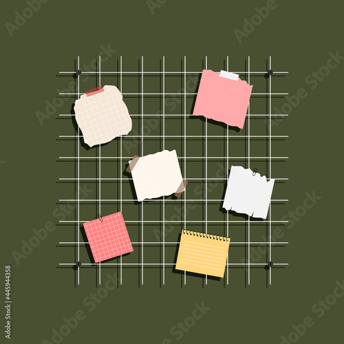 Lattice board with photos and postcards. Mood board with memo and stikers in trendy flat style. Vector illustration