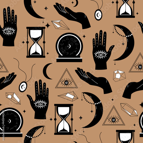 Magical items for fortune telling and astrology seamless pattern in a modern style. Vector illustration