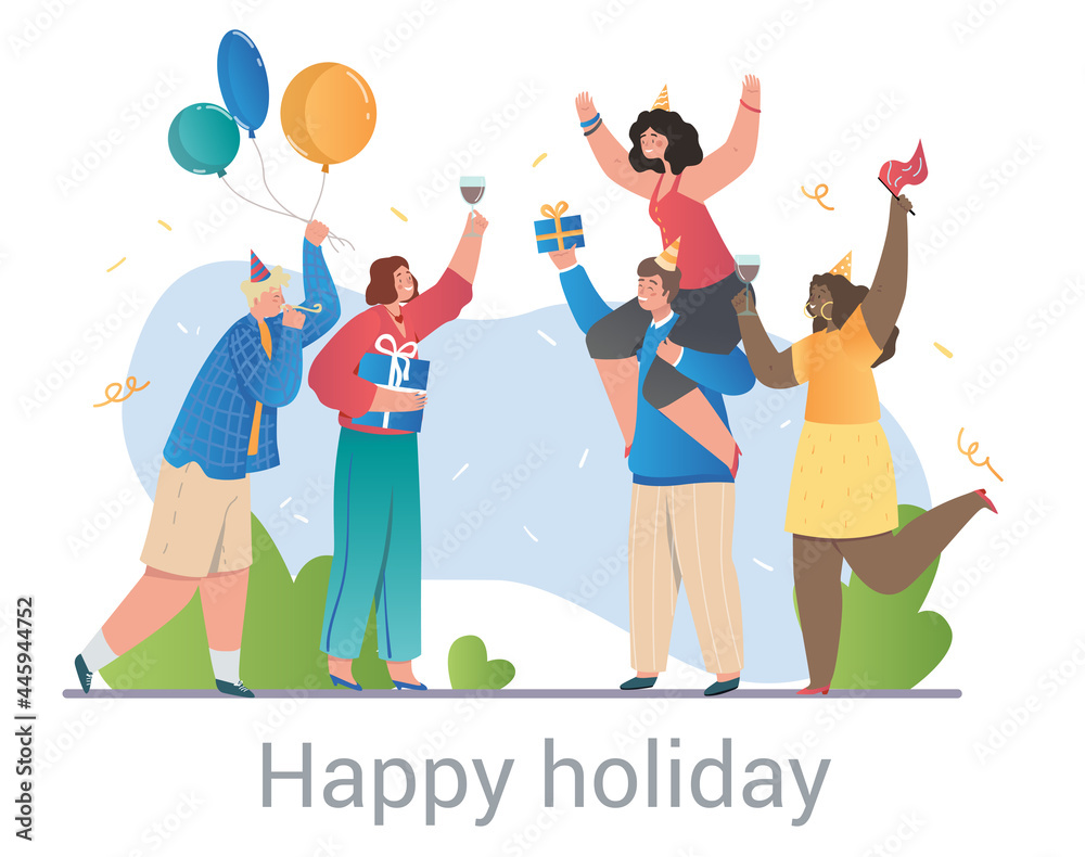 Group of happy diverse multiracial friends celebrating a Happy Birthday partying with champagne, gifts and balloons, colored flat cartoon vector illustration with text