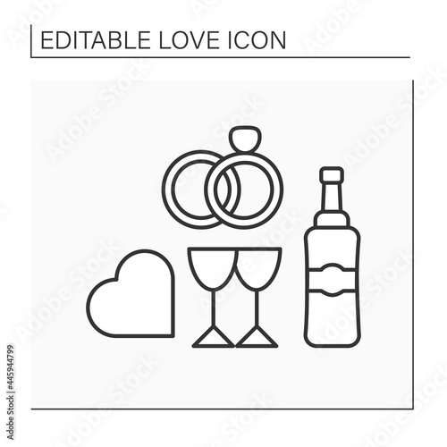 Wedding line icon. Wedding ceremony for beloved couple. Romantic dinner with champagne. Crossed rings. Love concept. Isolated vector illustration. Editable stroke