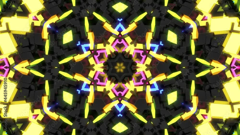 Dark neon kaleidoscope with rotation animation. 4k dark looped ...