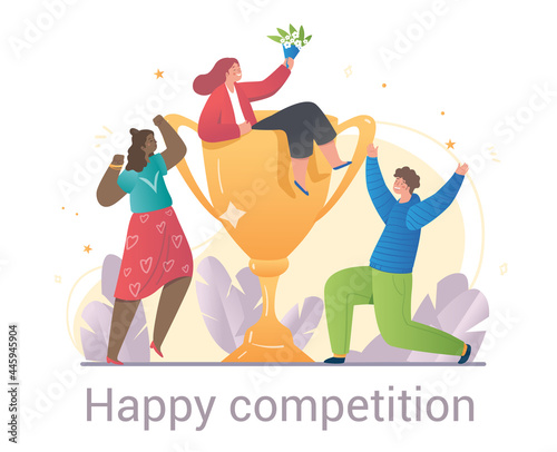 Happy Competition concept with three tiny people celebrating the winner with prize a giant gold trophy cup, colored flat cartoon vector illustration with text