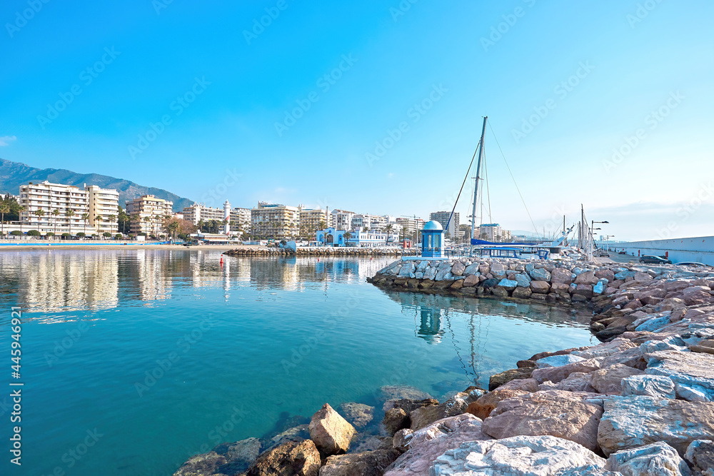 Fototapeta premium Marbella, Spain. 12 December 2019 .View of the beautiful beach with in Marbella near the marina Marbella, Costa del Sol, Spain.