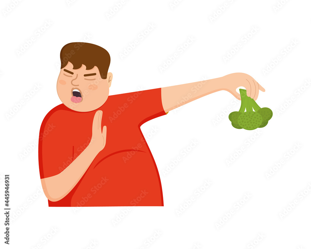Young fat man refuse eating broccoli. Guy with refusing gesture, facial expression of disgust. Picky food eater. Unhealthy lifestyle concept. Vector cartoon illustration. Young fat man refuse eating broccoli. Guy with refusing gesture, facial expression of disgust. Picky food eater. Unhealthy lifestyle concept. Vector cartoon illustration.