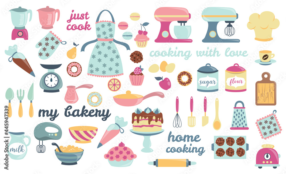Bakery and cooking collection, kitchen utensils icons. Perfect for scrapbooking, poster design, sticker kit. Set of isolated on white background hand drawn vector illustrations Bakery and cooking collection, kitchen utensils icons. Perfect for scrapbooking, poster design, sticker kit. Set of isolated on white background hand drawn vector illustrations
