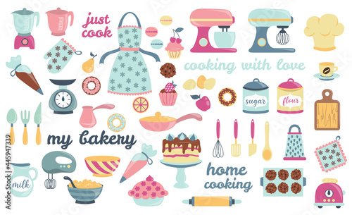 Bakery and cooking collection, kitchen utensils icons. Perfect for scrapbooking, poster design, sticker kit. Set of isolated on white background hand drawn vector illustrations
