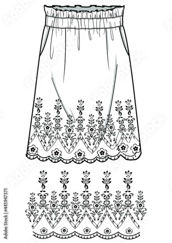 hand drawn illustration of a sketch fashion flat CAD garment skirt vector design embroidery