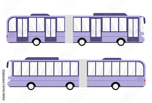 Articulated bus with four doors. Side view. Cartoon, flat style vector illustration. City public transport, modern accordion bus isolated on white.