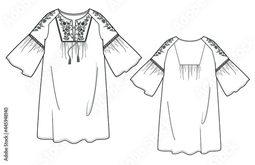 illustration of a shirt dress flat CAD embroidery hand draw fashion design vector