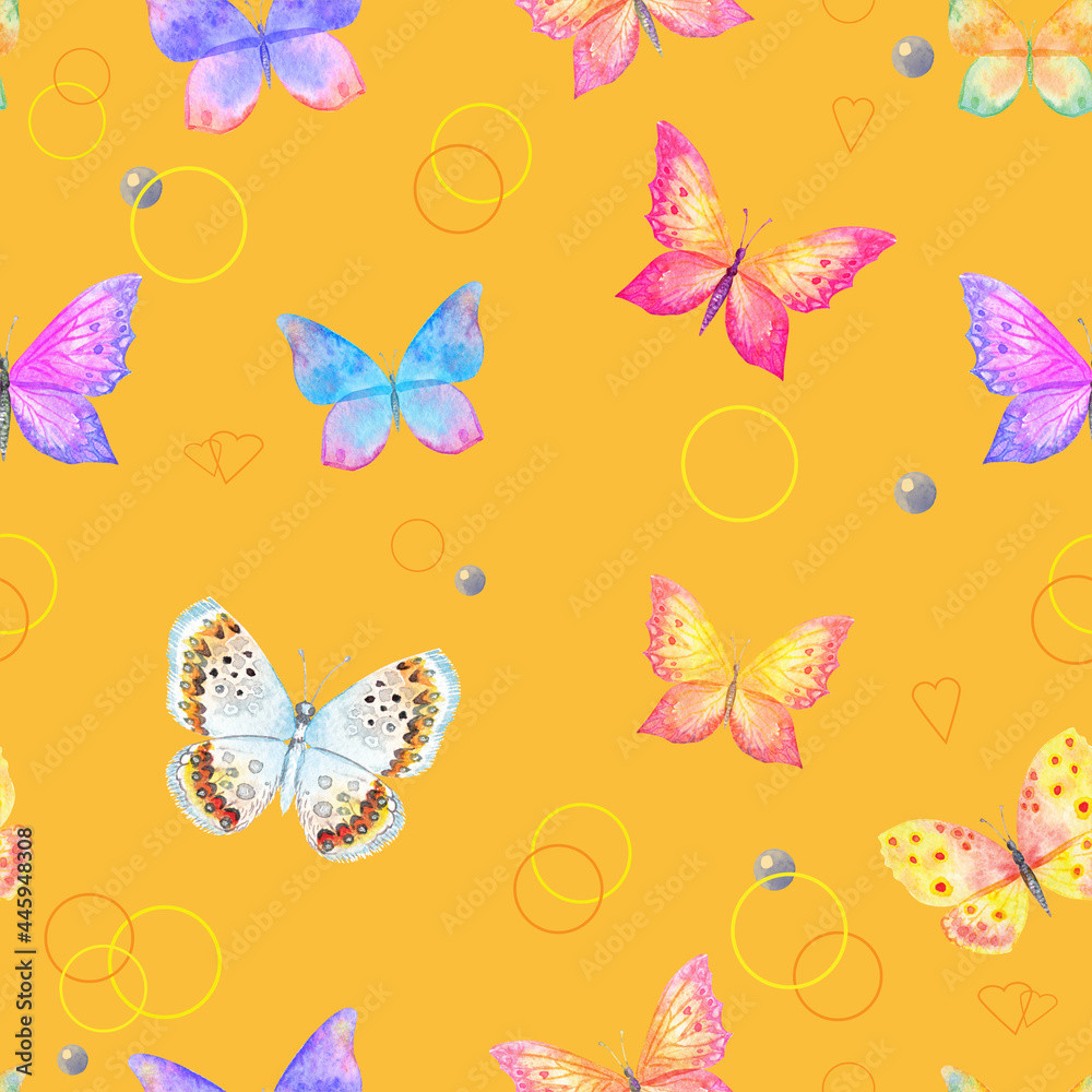 Trendy colorful summer butterflies flying ,lady bug,insect seamless pattern scattered repeat for fashion ,fabric ,wallpaper and all prints on vivid yellow background color Trendy colorful summer butterflies flying ,lady bug,insect seamless pattern scattered repeat for fashion ,fabric ,wallpaper and all prints on vivid yellow background color