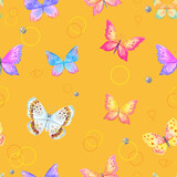 Trendy colorful summer butterflies flying ,lady bug,insect seamless pattern scattered repeat for fashion ,fabric ,wallpaper and all prints on vivid yellow background color